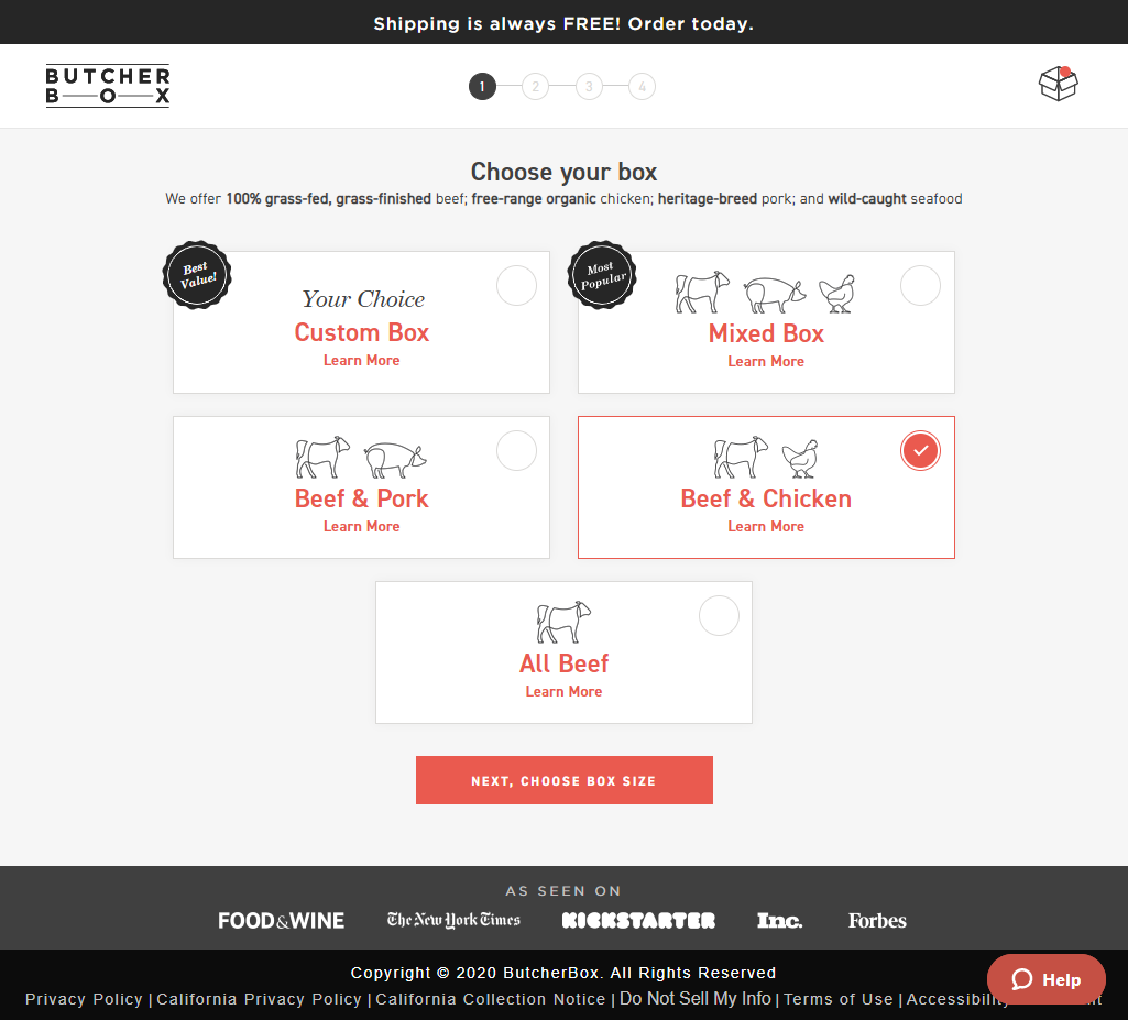 Screenshot of Butcher Box site