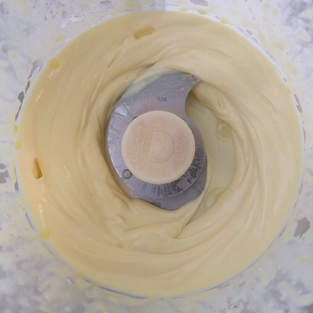 Mayonnaise finished in food processor bowl.