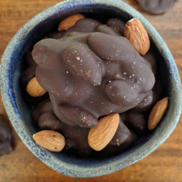 chocolate almond clusters in bowl