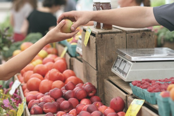 Person buying apple at farmer's market