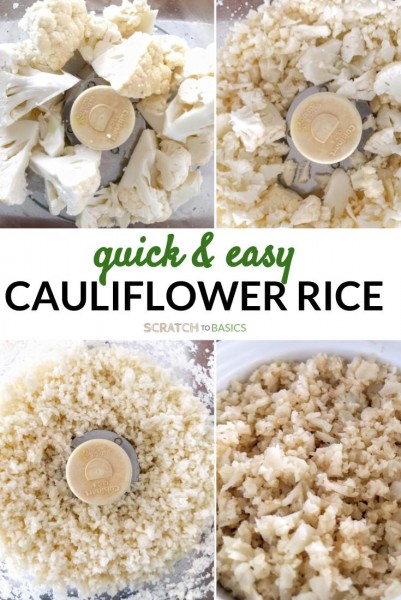 The four stages of cauliflower rice. Chopped into big pieces, partially riced, fully riced, cooked and ready to eat.