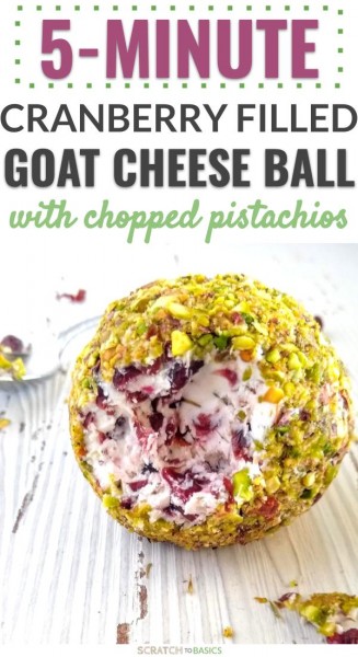 5 minute cranberry filled goat cheese ball with chopped pistachios