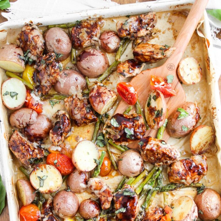 Featured image for Balsamic Chicken on a sheet pan.
