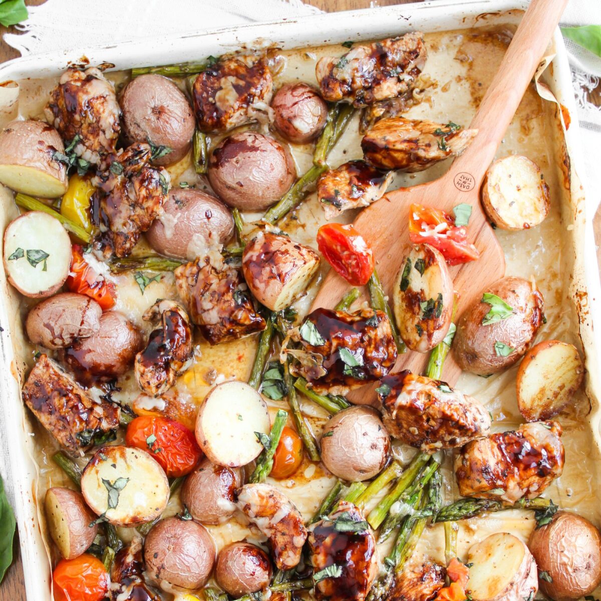 Featured image for Balsamic Chicken on a sheet pan.