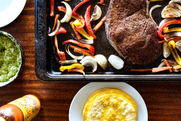 beef fajitas cooked in the oven, ready to eat!