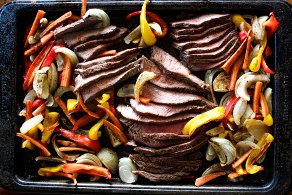 overhead view of steak and veggies chopped on sheet pan