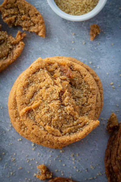 aerial view of stacked gluten free pumpkin cookies sprinked with sugar
