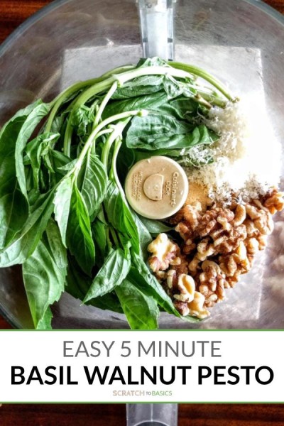 Easy 5 minute basil walnut pesto made in the food processor.