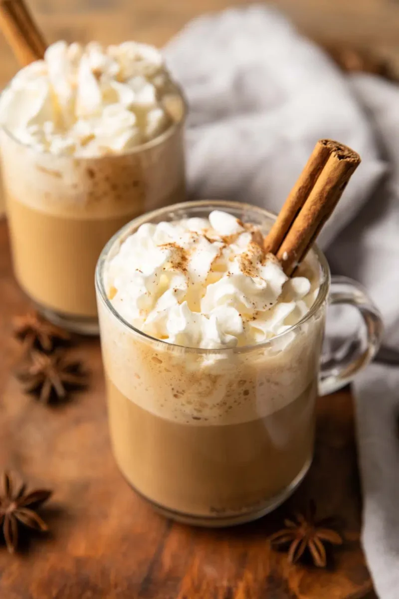 homemade eggnog latte with cream sprinkled with cinnamon in a cup