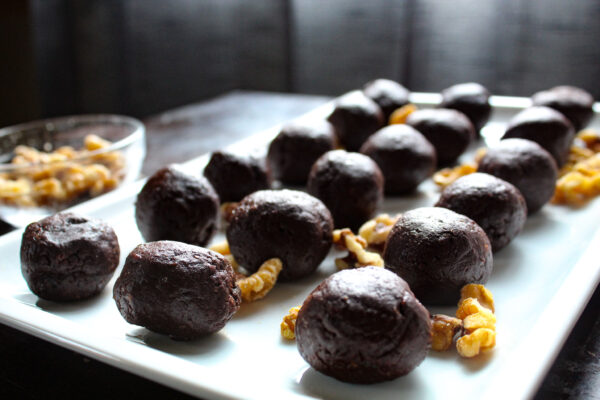 No bake brownie balls on a plate