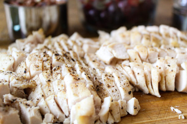 Roasted and diced chicken breasts to go in the chicken salad