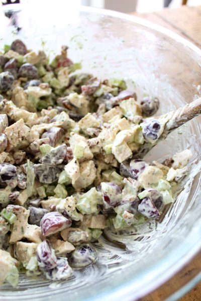 chicken salad meal prep in a glass bowl