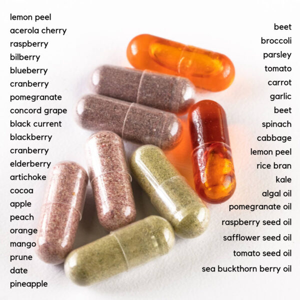 Juice Plus+ capsules with list of fruits and vegetables inside.