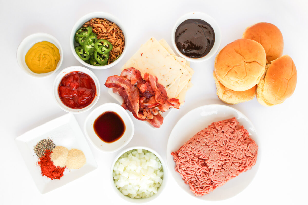 Ingredients laid out on a white background in individual bowls.