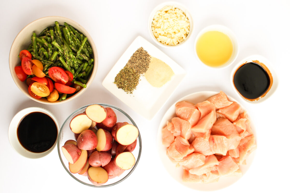 Ingredients in separate bowls on white background.