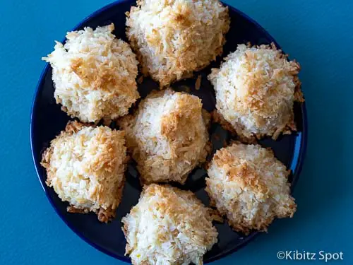 coconut macaroons on a blue plate
