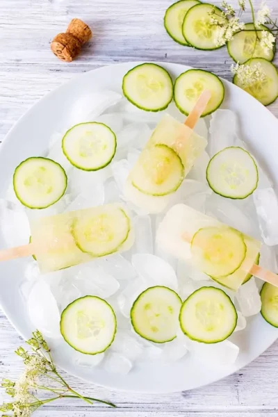 Prosecco and Elderflower Popsicles served with ice cubes and slices of cucumber on a white plate
