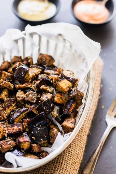 Oven roasted eggplant cubes with balsamic vinaigrette