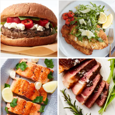 Burger, Fish and meat on different plates from Thrive Market meat box delivery