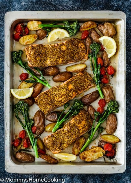 sheet pan mustard salmon dinner
