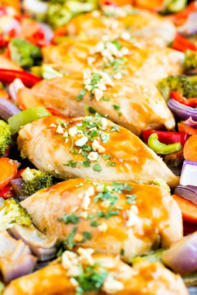 sheet pan thai peanut sauce chicken and veggies