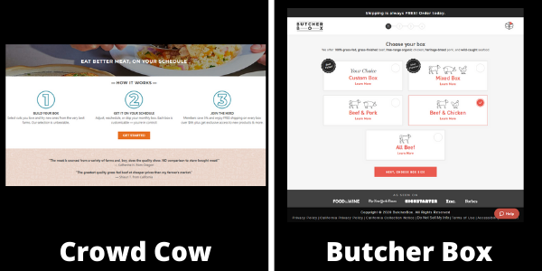 Screenshot of Crowd Cow and Butcher Box subscription options