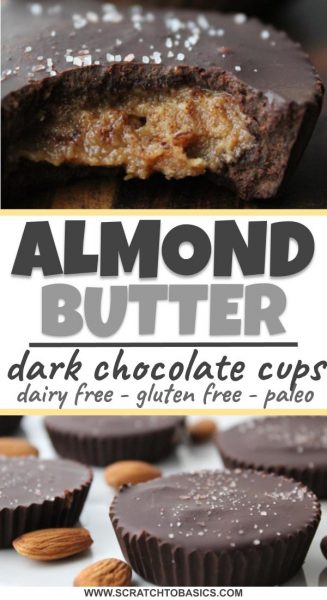 Almond butter made with dark chocolate cups that are dairy free, gluten free, and Paleo.