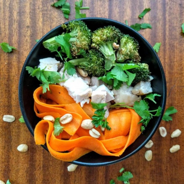 Peanut Sauce with Chicken, Carrot Noodles and Roasted Broccoli