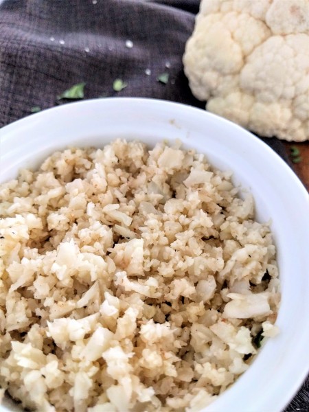 A picture of cauliflower rice to go in the curry bowl.