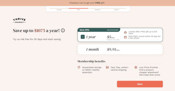 Thrive Market checkout & pricing options