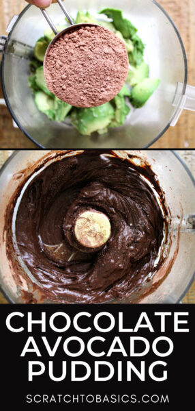 chocolate avocado pudding - ingredients before and after being mixed