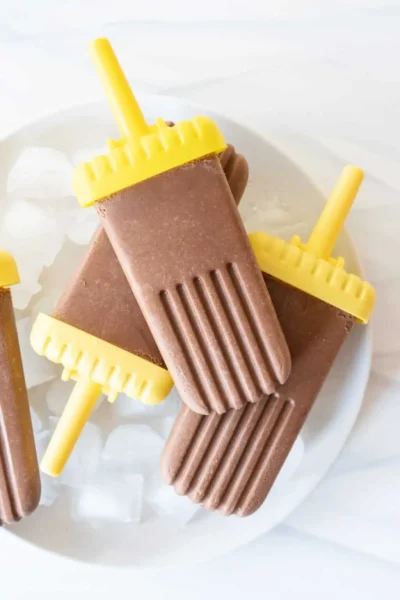 sugar free and dairy free fudgesicles on a white plate with ice cubes 