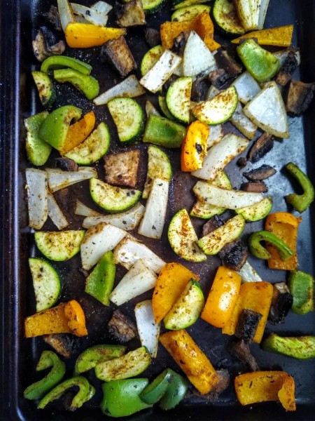 Oven roasted veggies on a sheet pan. 