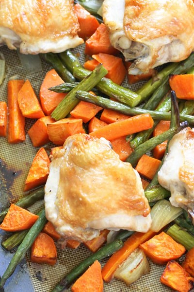 sheet pan crispy baked chicken thighs and vegetables
