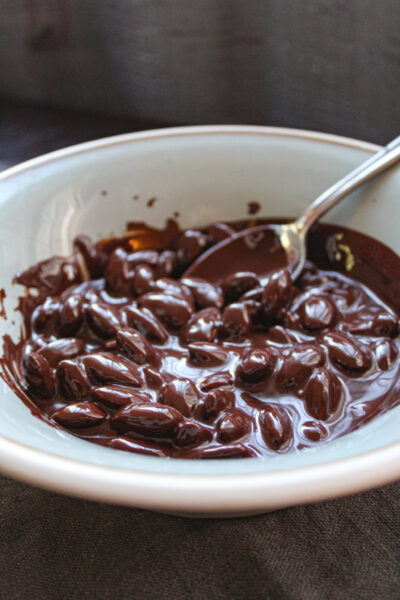 almonds mixed in with melted chocolate