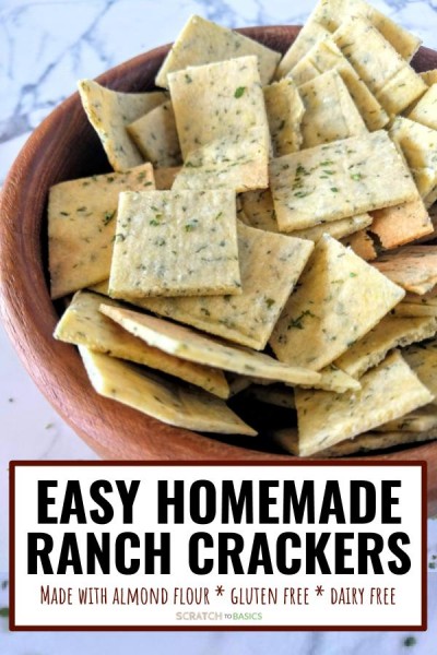Easy homemade ranch crackers in a wooden bowl - made with almond flour, they're gluten free and dairy free.