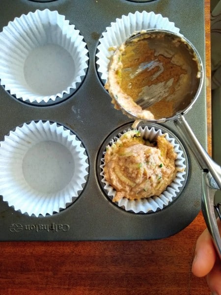 Use this 1/4 cup scoop to fill the muffin cups with the almond flour zucchini muffin batter.