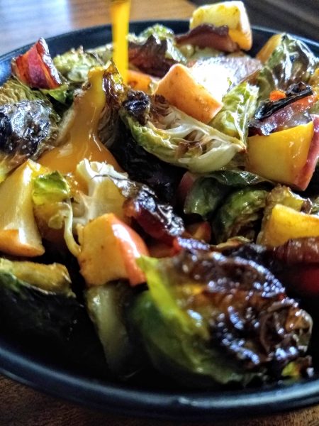 Salted maple brussels sprouts with bacon and roasted apple