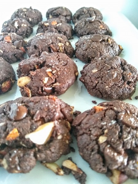 Chocolate cookies without butter on white plate.