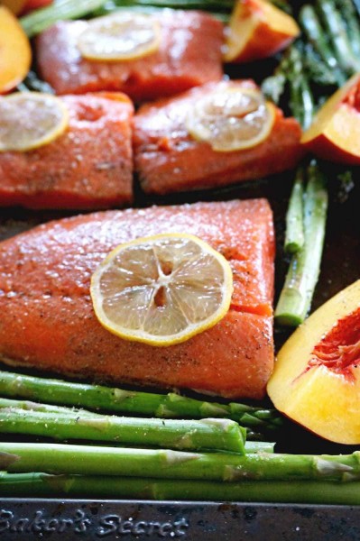 baked salmon with peaches and asparagus sheet pan