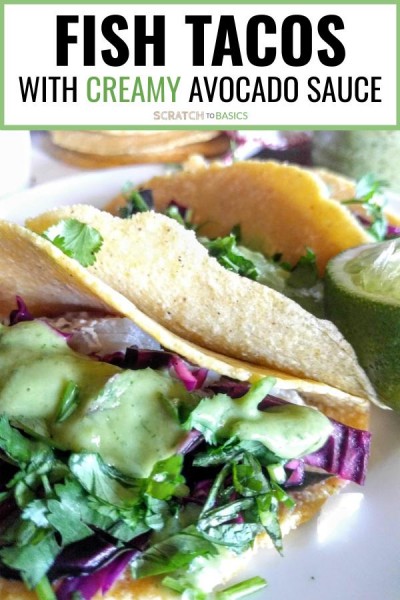 Snadné rybí tacos s krémovou avokádovou omáčkou. Pohled zblízka.