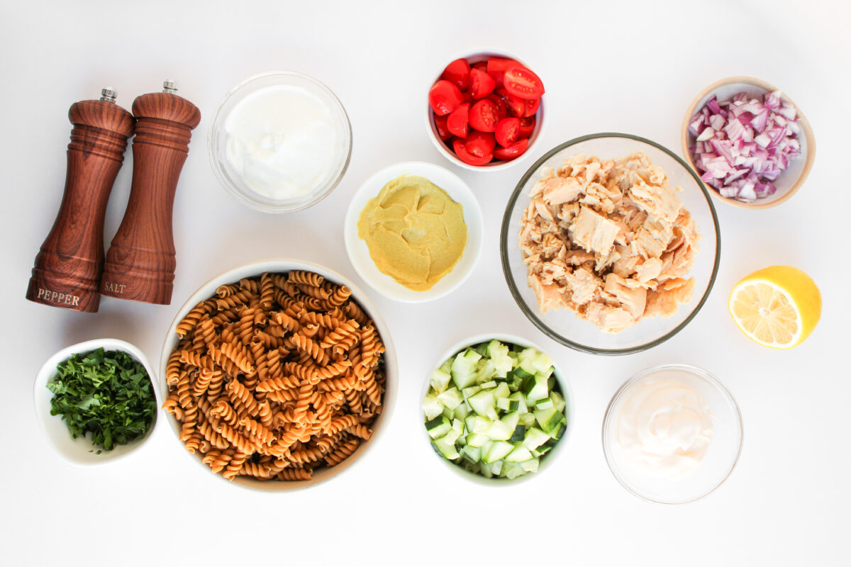Overhead of ingredients in individual bowls