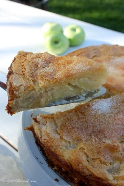 up close image of baked gluten free applce cake being slice