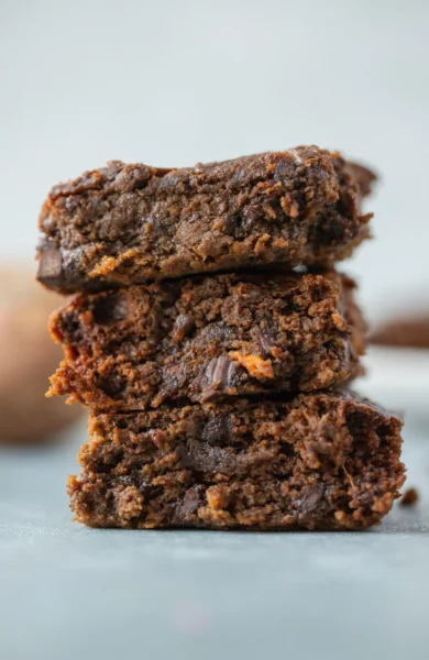 stacked slices of sweet potato fudgy brownies