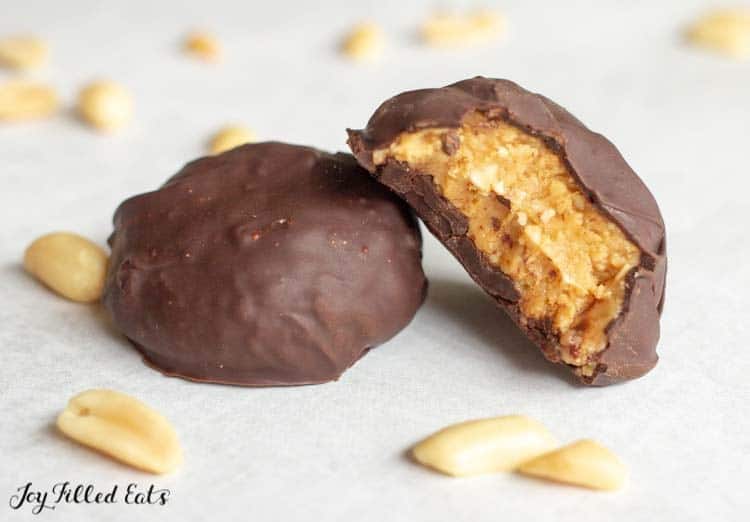 bitten peanut butter ball coated with chocolate