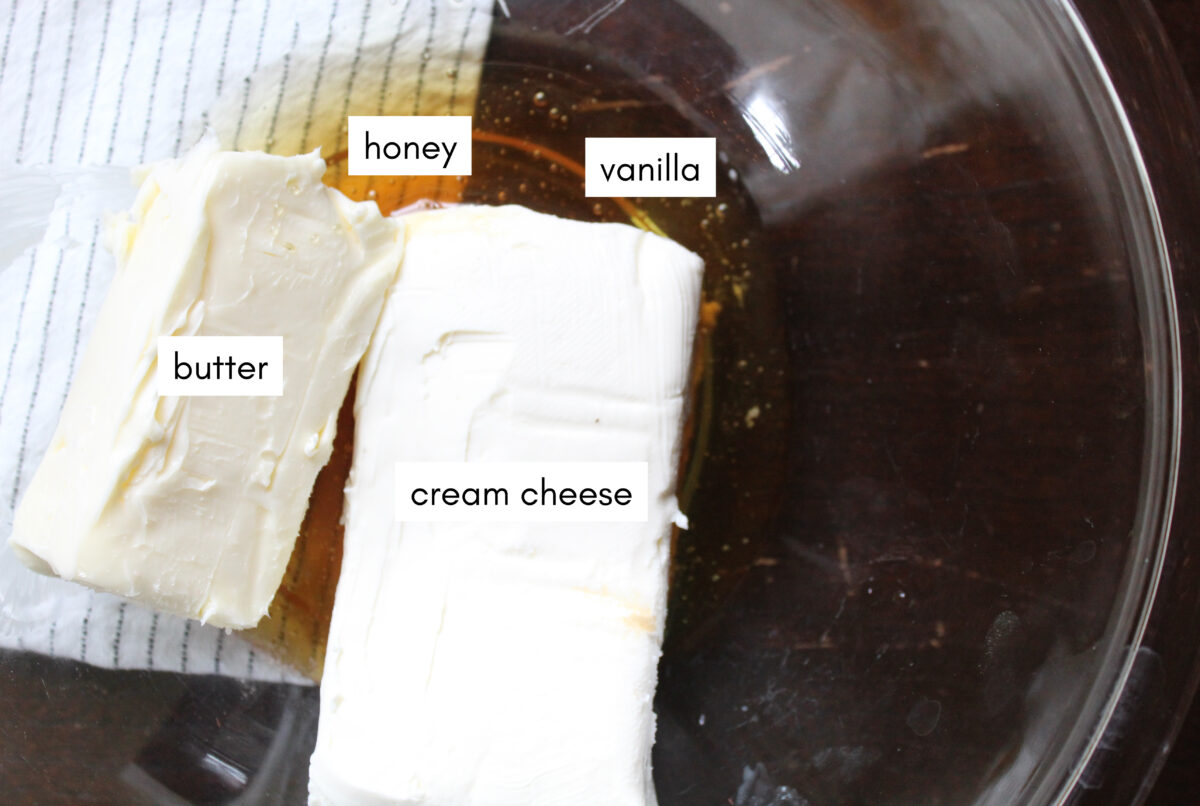 ingredients in bowl - butter, cream cheese, vanilla, honey