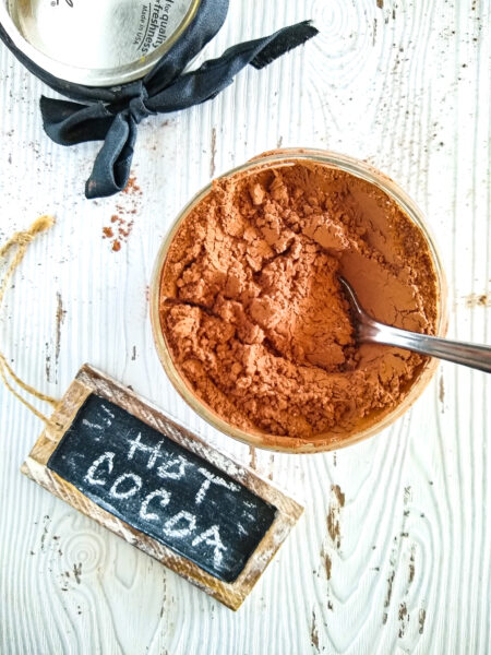 Easy dairy free hot chocolate powder mix in mason jar.