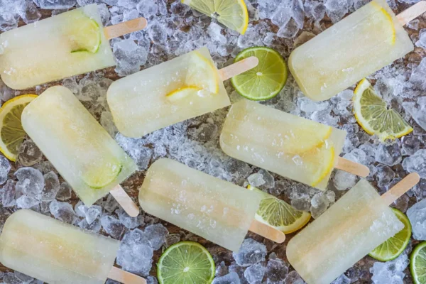 lemon lime popsicles with ice cubes and slices of lime and lemons