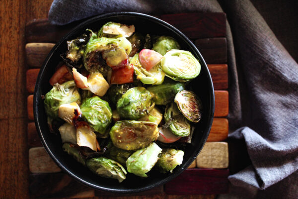 overhead view of maple bacon brussels sprouts