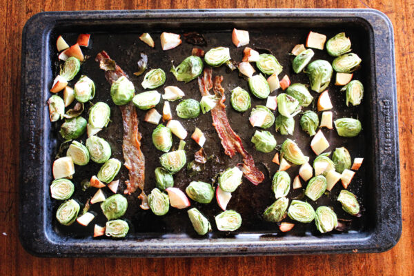 brussels sprouts, apple, and bacon cooked out of oven